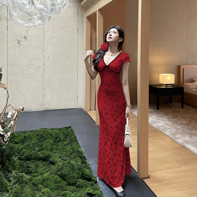 instahot 优雅碎花收腰显瘦深V红色连衣裙时尚高级设计感御姐长裙