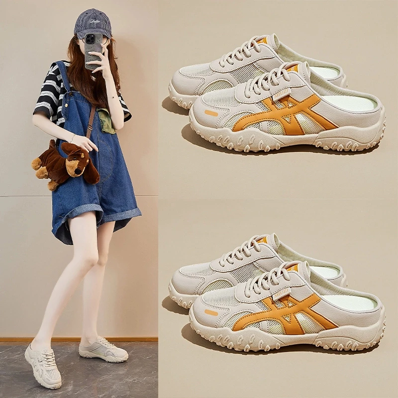 夏之韵2025夏季日系冰丝网面半托勃肯鞋女潮透气休闲街拍养脚板鞋