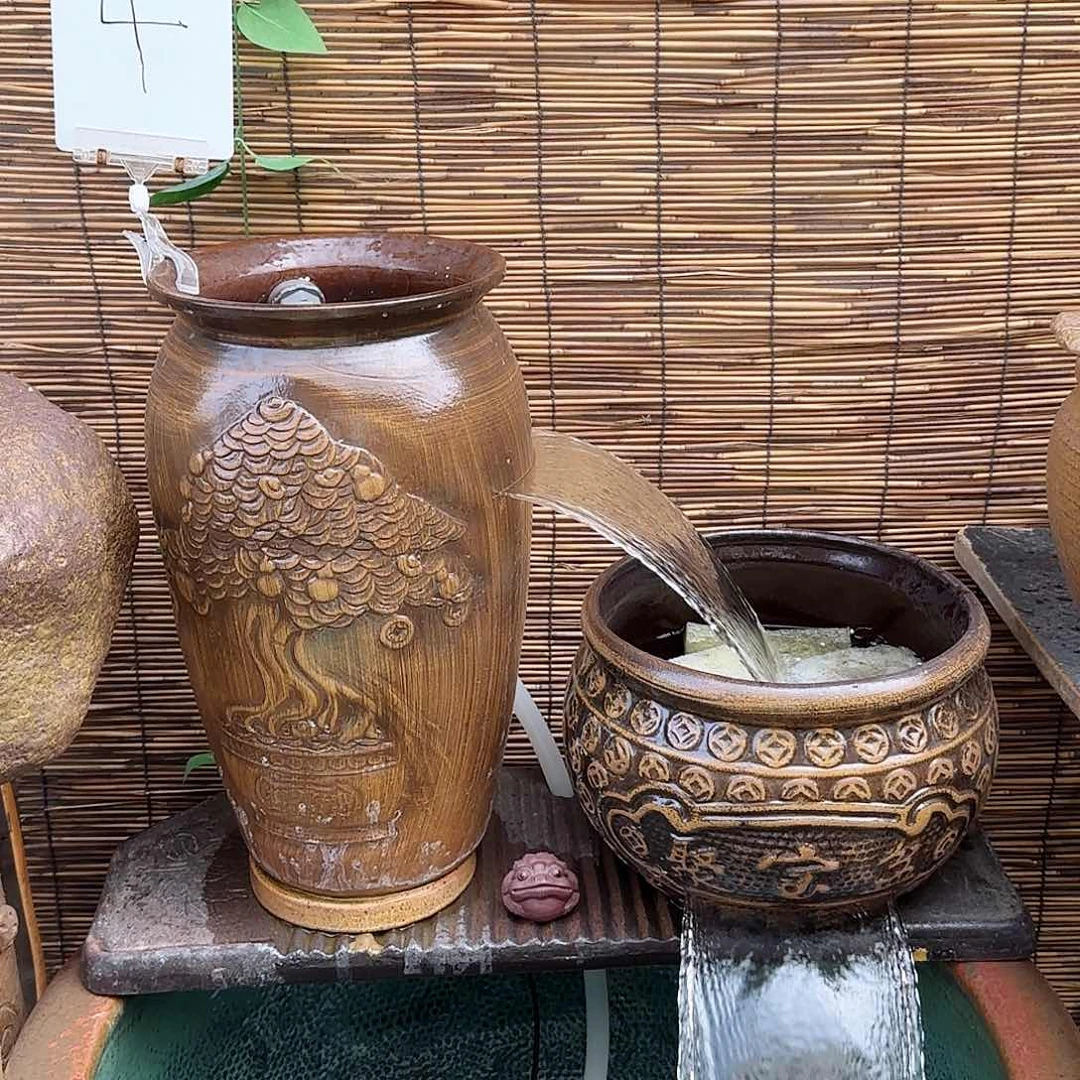 粗陶摇钱树聚宝盆➕流水板黑色