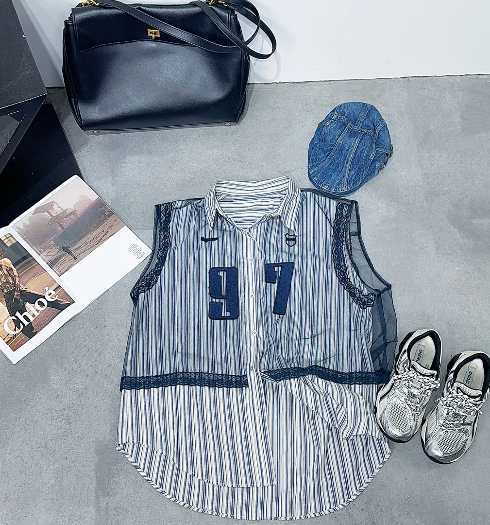 6718#夏季新款欧货时尚翻领数字条纹网纱宽松百搭无袖衬衫上衣女