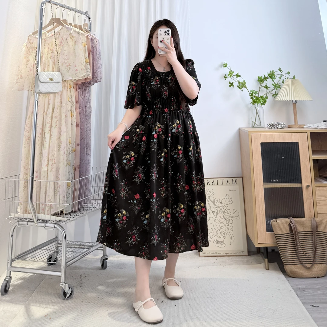 法式优雅【绚丽小花】浪漫气质碎花裙大码胖mm高腰显瘦中长连衣裙