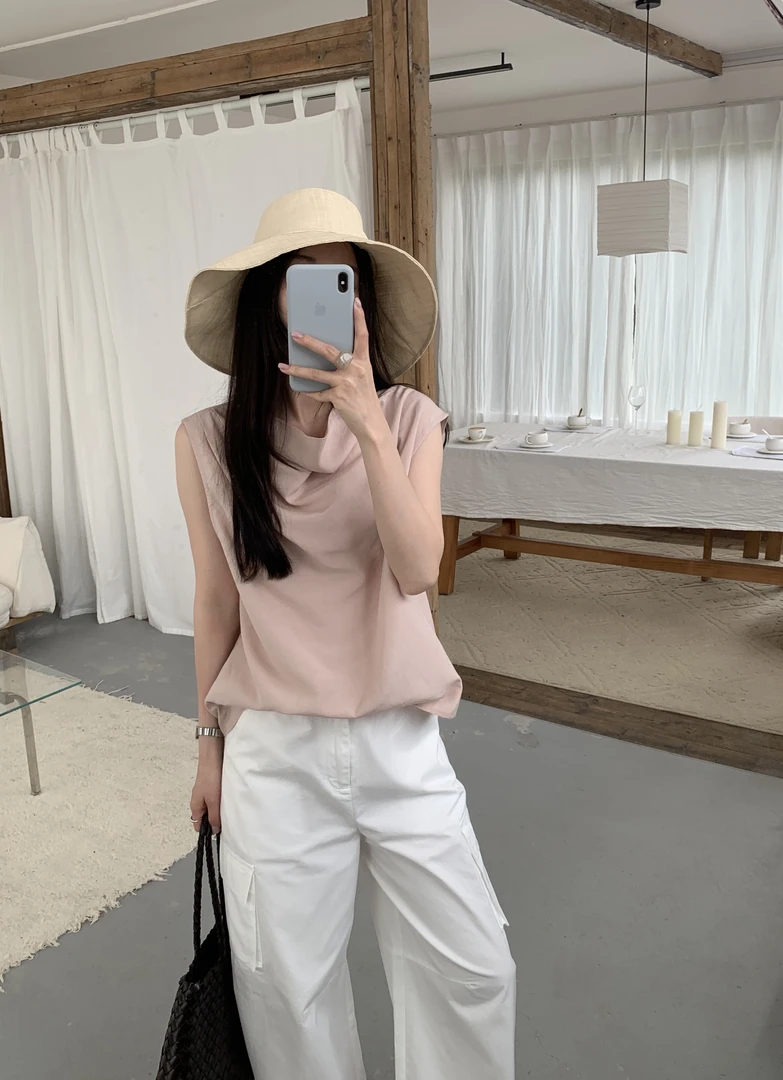 abow@82587 韩系简约百搭荡荡领无袖小衫（莱莱塞塞➕亚亚麻麻）5-11