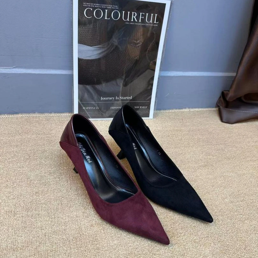 2025-2新款法式尖头高跟鞋从面拼接软皮细跟单鞋性感时尚浅口职业