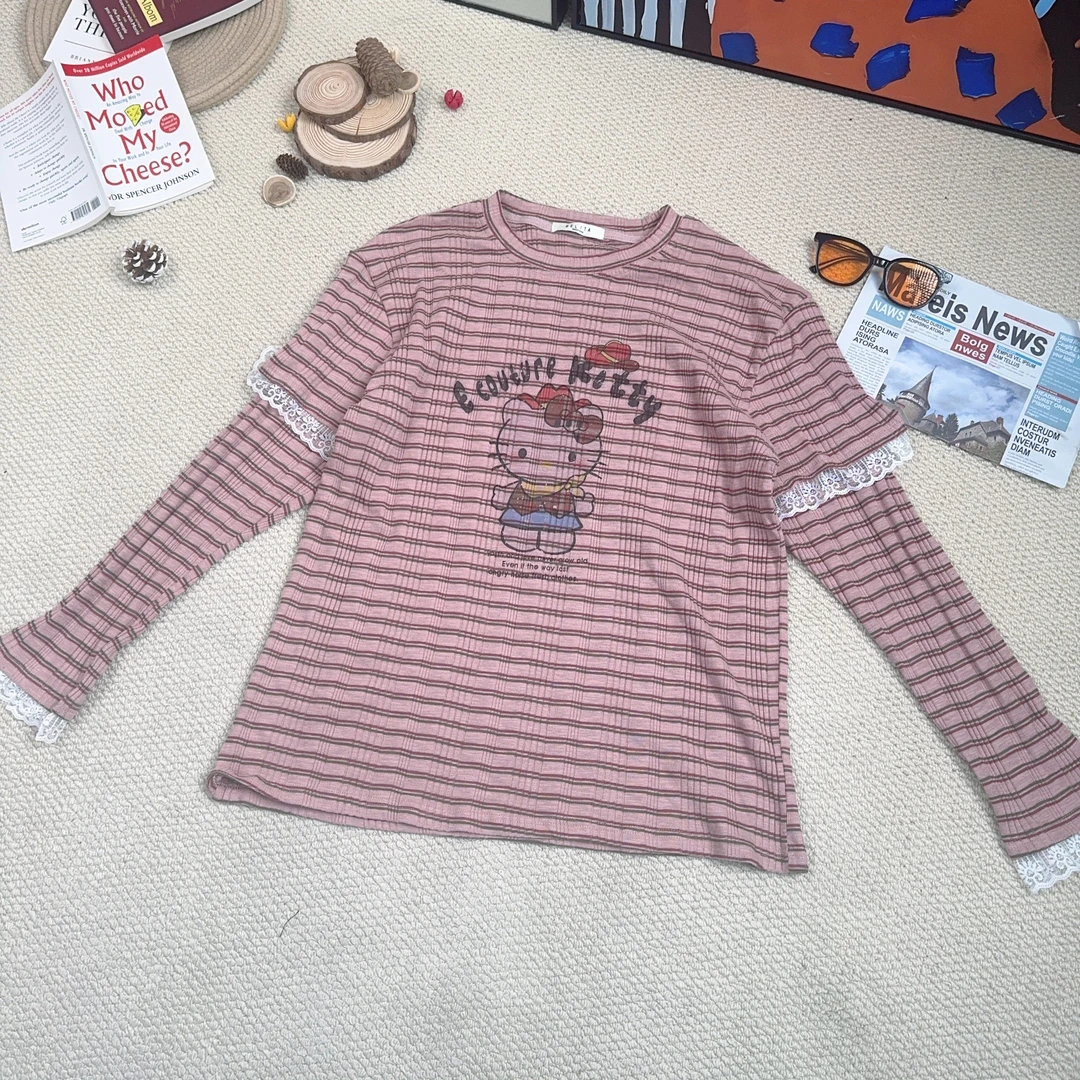 2024秋季新款休闲时尚百搭卡通印花条纹拼蕾丝打底长袖T恤8439