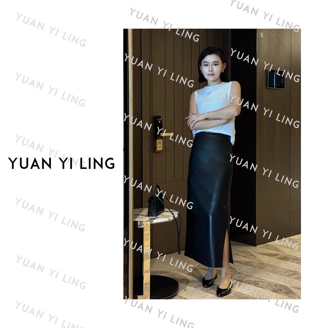 袁艺灵【职场经典】25秋季新款PU经典百搭拉链直筒黑色半身裙 3177