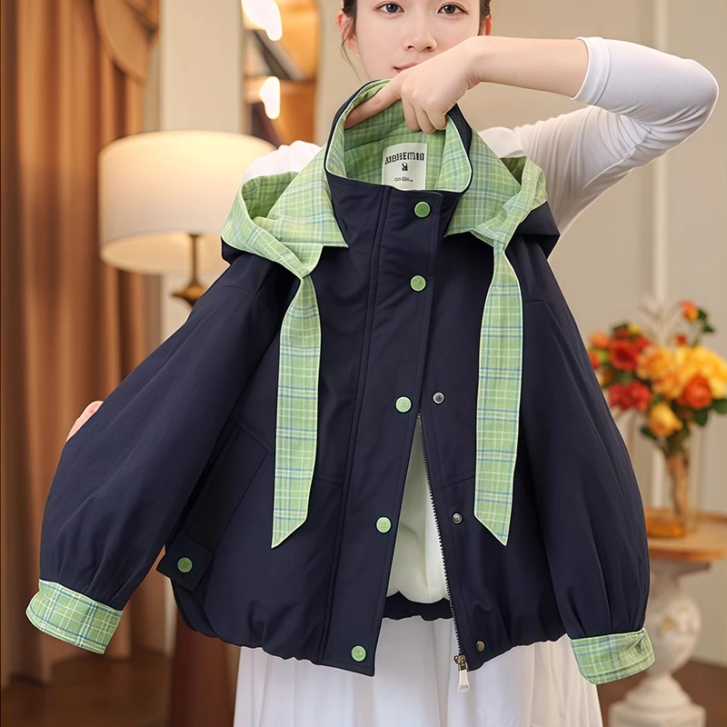 女童加绒派克服外套2025新款秋冬加厚连帽棉服加棉格子拼色棉衣潮