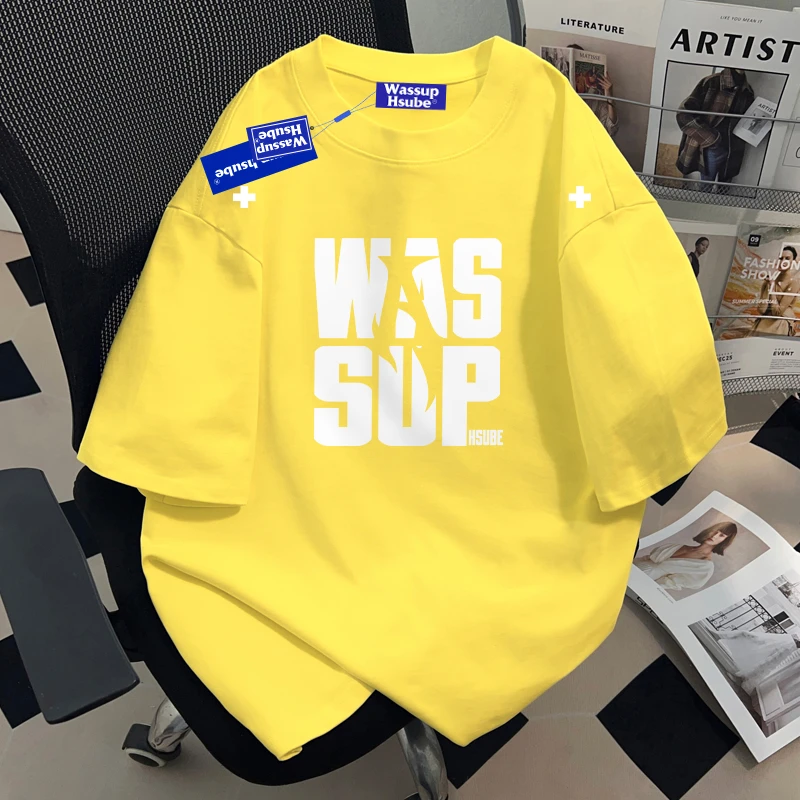 WASSUP HSUBE美式重磅纯棉短袖t恤夏季男女款设计黑色字母印花