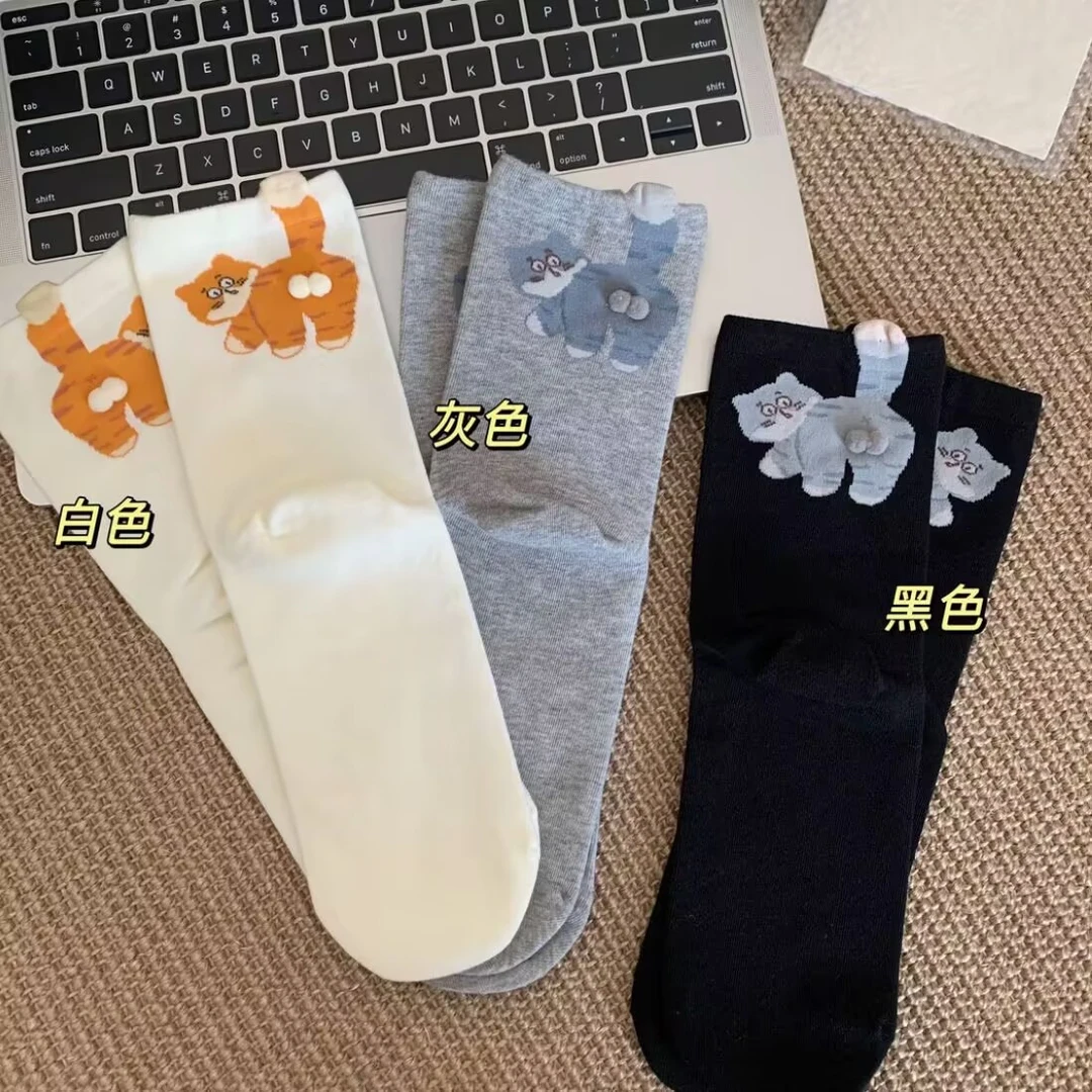 2025年夏季袜子女可爱卡通中筒袜立猫咪蛋蛋搞怪猫蛋袜院情侣袜子