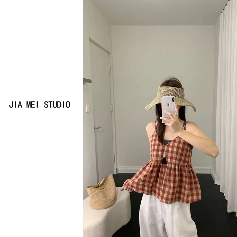 C190无袖格子吊带小背心女夏季韩系温柔风外穿娃娃衫上衣T气质