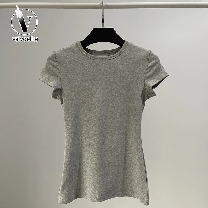 VALVOELITE欧美复古百搭修身显瘦纯色螺纹小圆领短袖女夏季打底衫