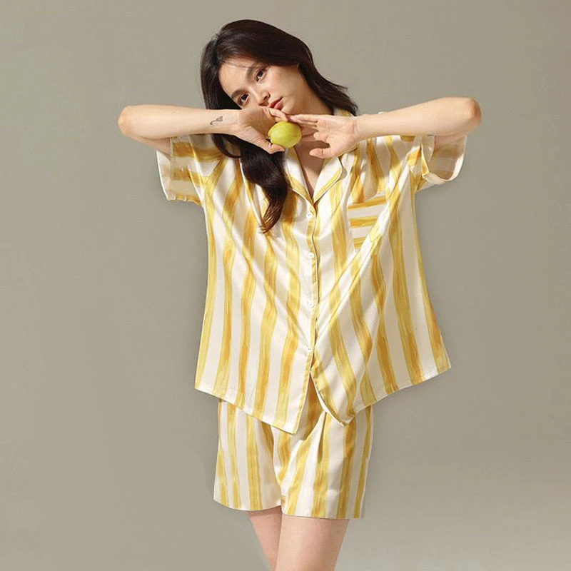 日系ins简约风条纹睡衣女夏款开衫短袖大码休闲高级感家居服套装