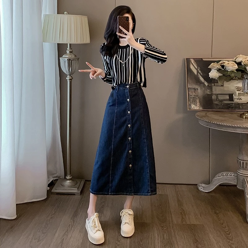 102-编号牛仔裙女新款宽松遮胯显瘦休闲排扣中长款A字百搭长裙子