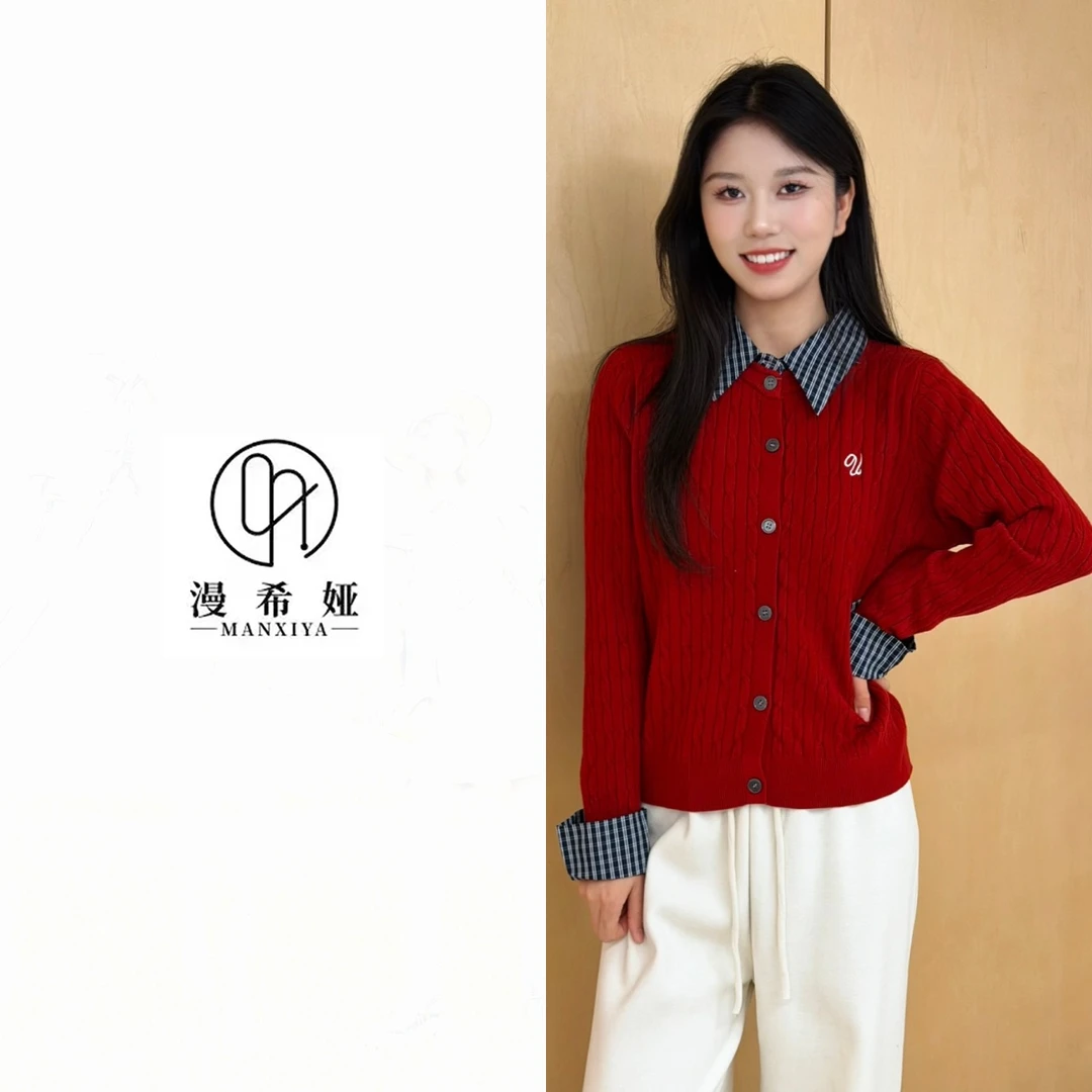 2025新款秋冬格子领针织衫女通勤风撞色针织毛衫女上衣5891S59C