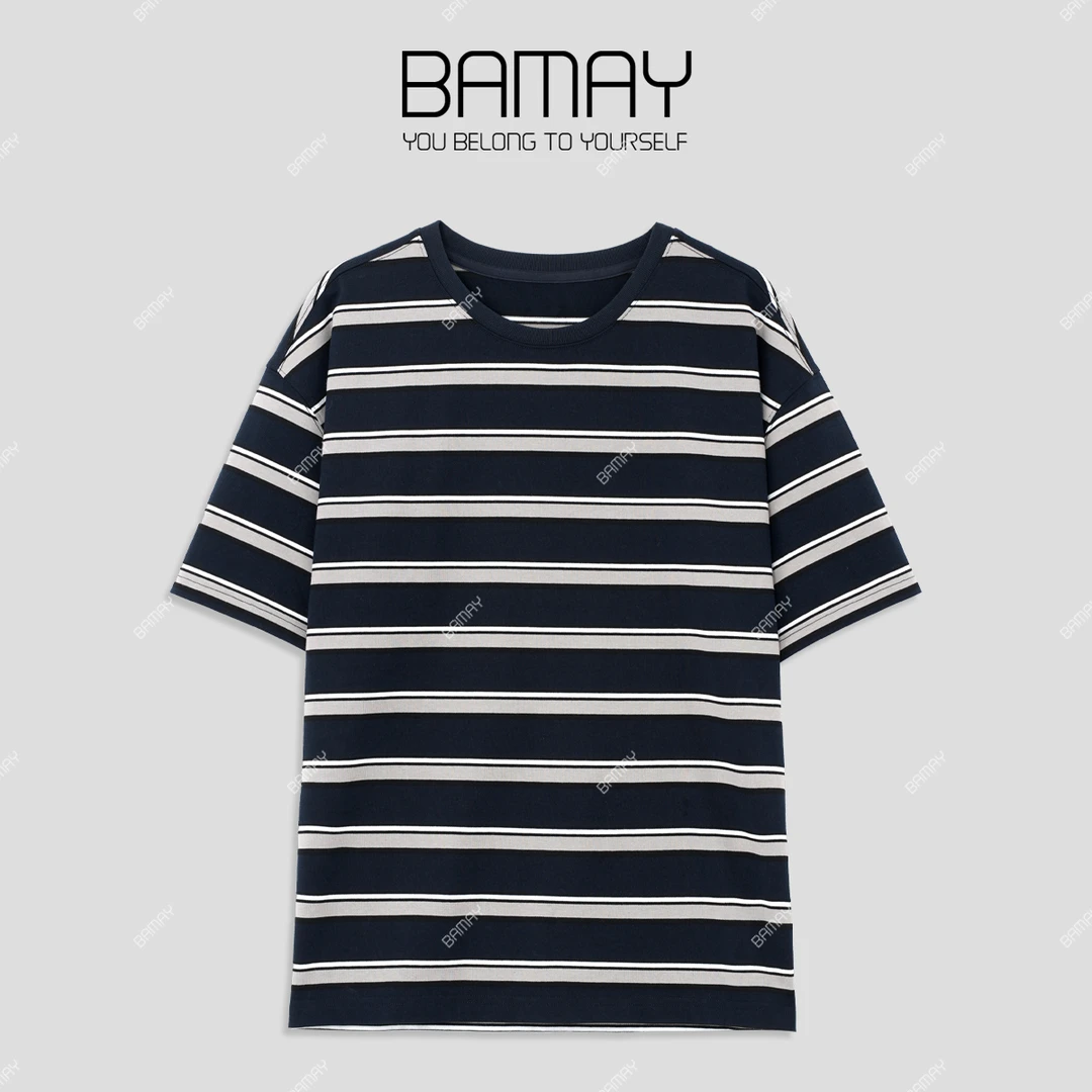 【BAMAY】2025春季新款百搭条纹圆领棉质上衣BM251TX3S