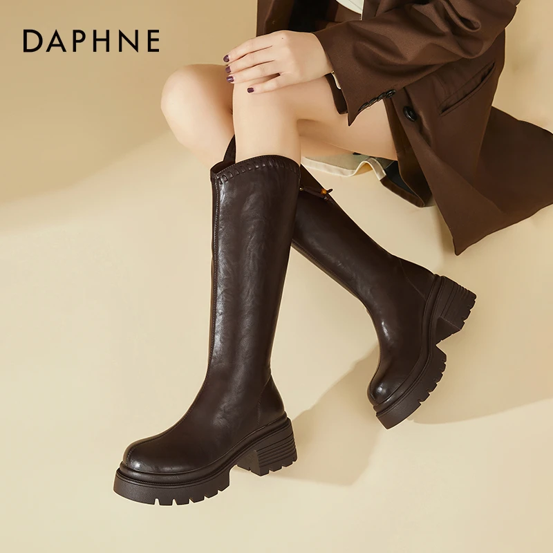 达芙妮复古棕色长靴女秋冬季加绒2025新款厚底高筒靴小个子骑士靴