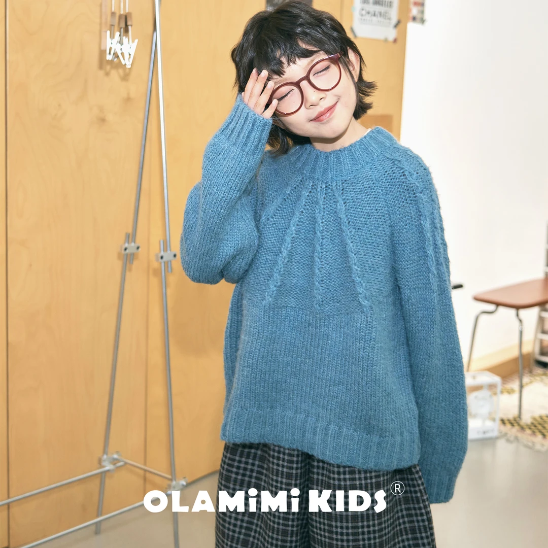 OLAMIMI儿童亲子秋冬复古慵懒文艺松石蓝绞花针织套头毛衣