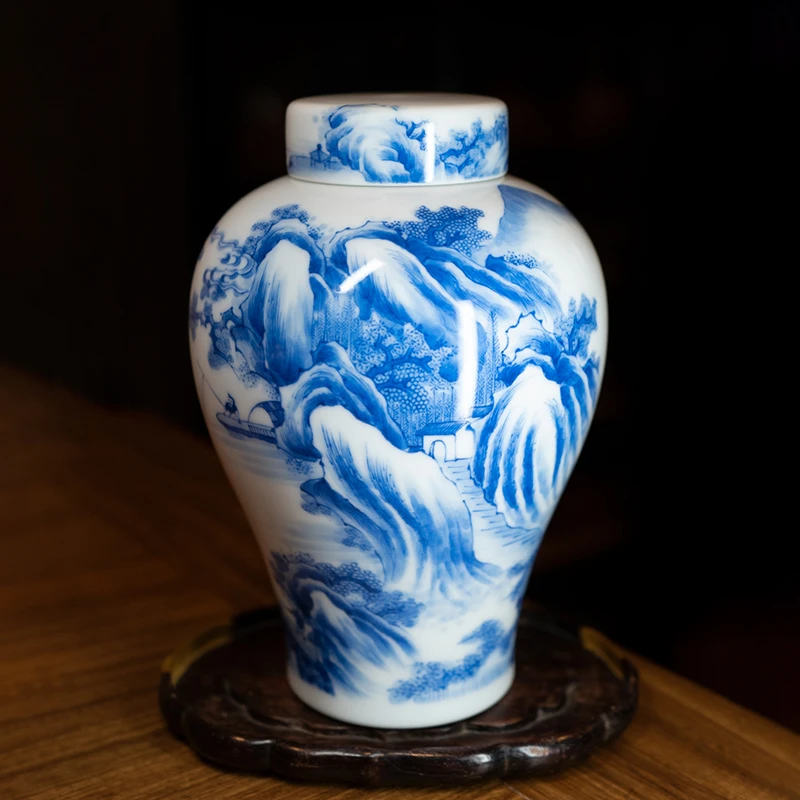 景德镇陶人临古手绘青花康熙山水盖罐手工陶瓷茶叶罐家居摆件赏器