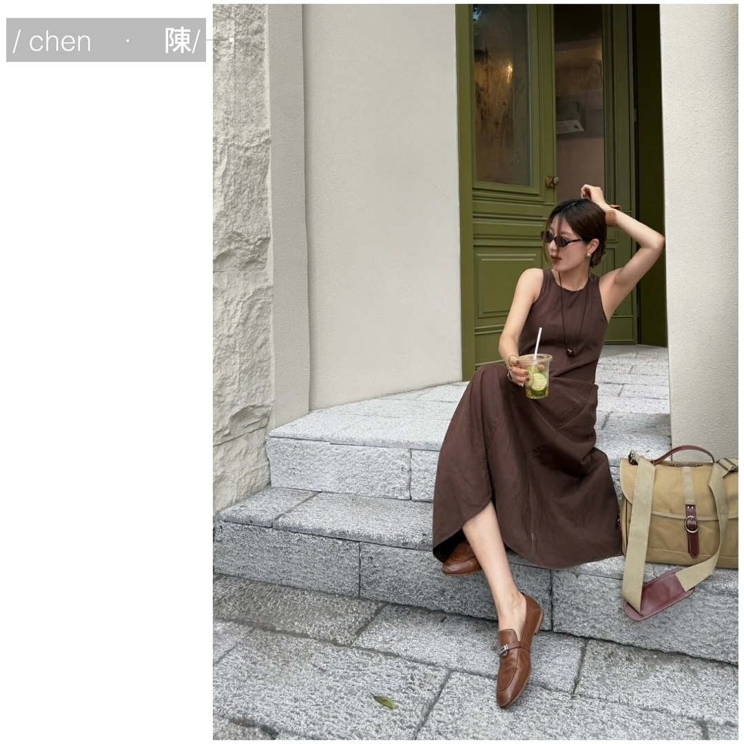 chen·陳高级 度假风 天丝亚麻背心连衣裙