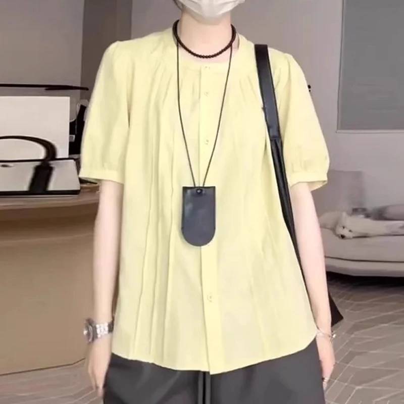 宽松遮肉显瘦百搭上衣夏季薄款胖MM大码女装圆领气质纯色短袖衬衫