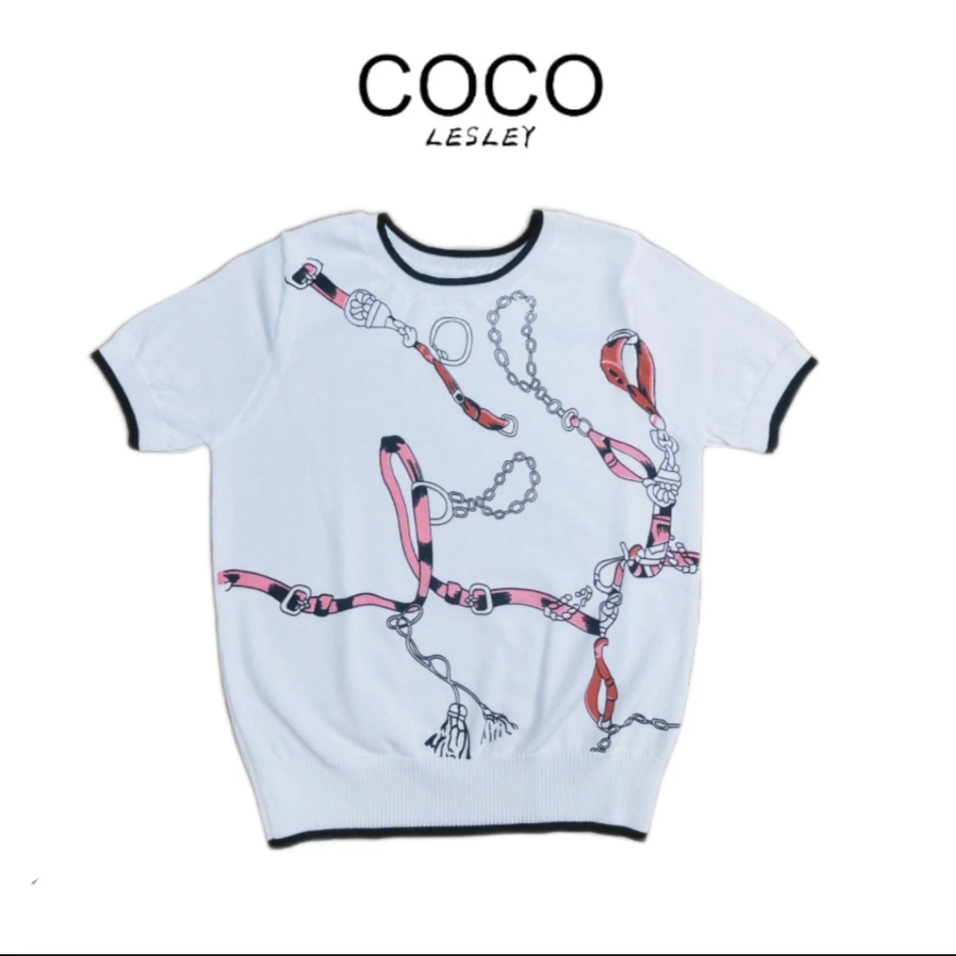 【COCO LESLEY】欧韩时尚夏季新款圆领针织提花休闲短袖百搭上衣女