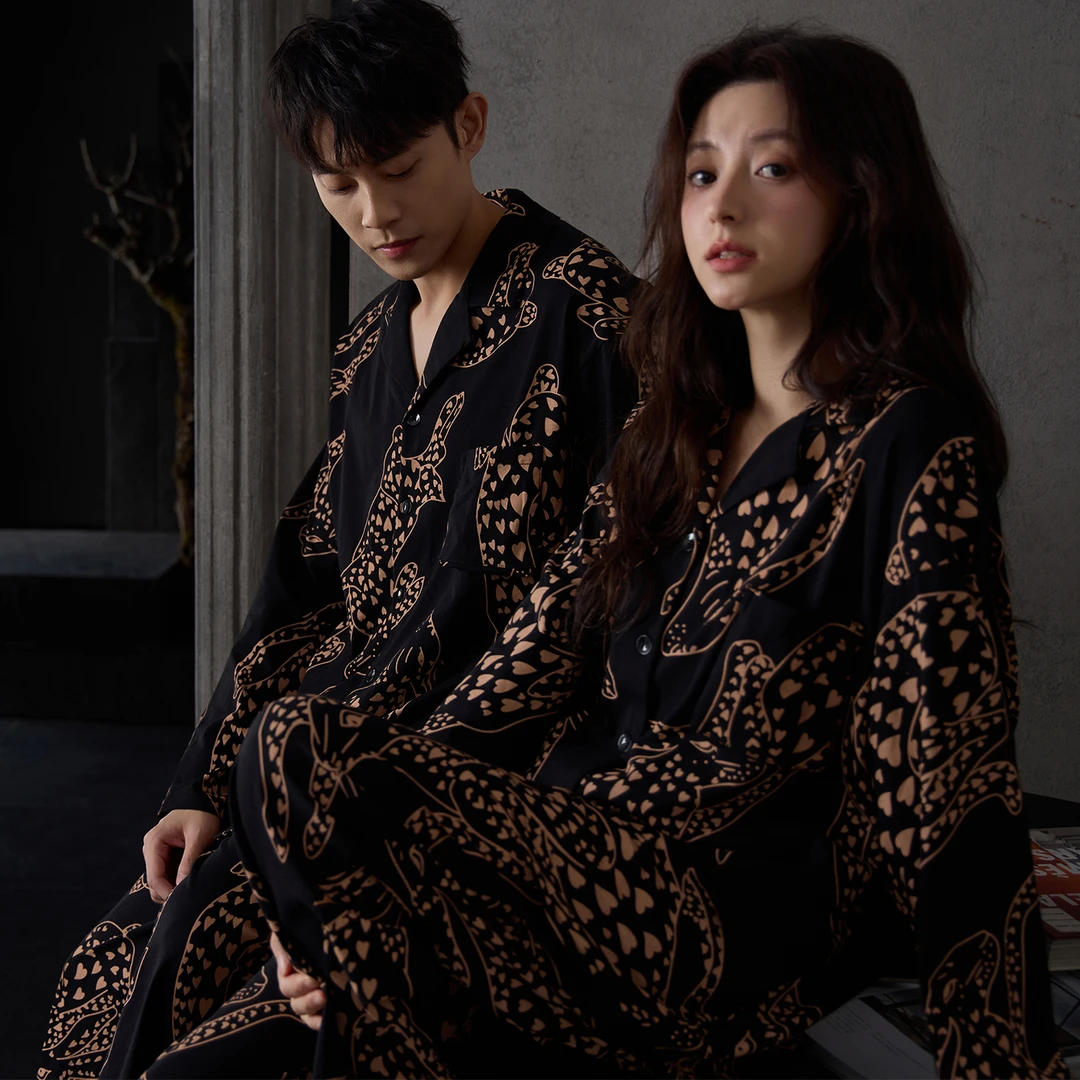 2025秋冬新款纯棉情侣睡衣长袖长裤男女款印花高级感家居服套装