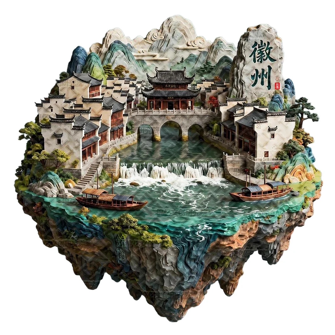 安徽徽州立体创意冰箱贴金属磁吸文创徽派建筑景点周边礼品套装