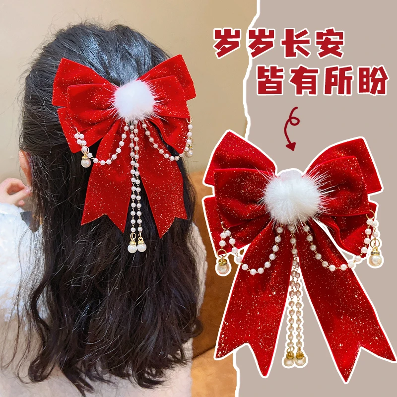 新年头饰女童蝴蝶结发夹儿童红色喜庆拜年发饰中国风步摇流苏发卡