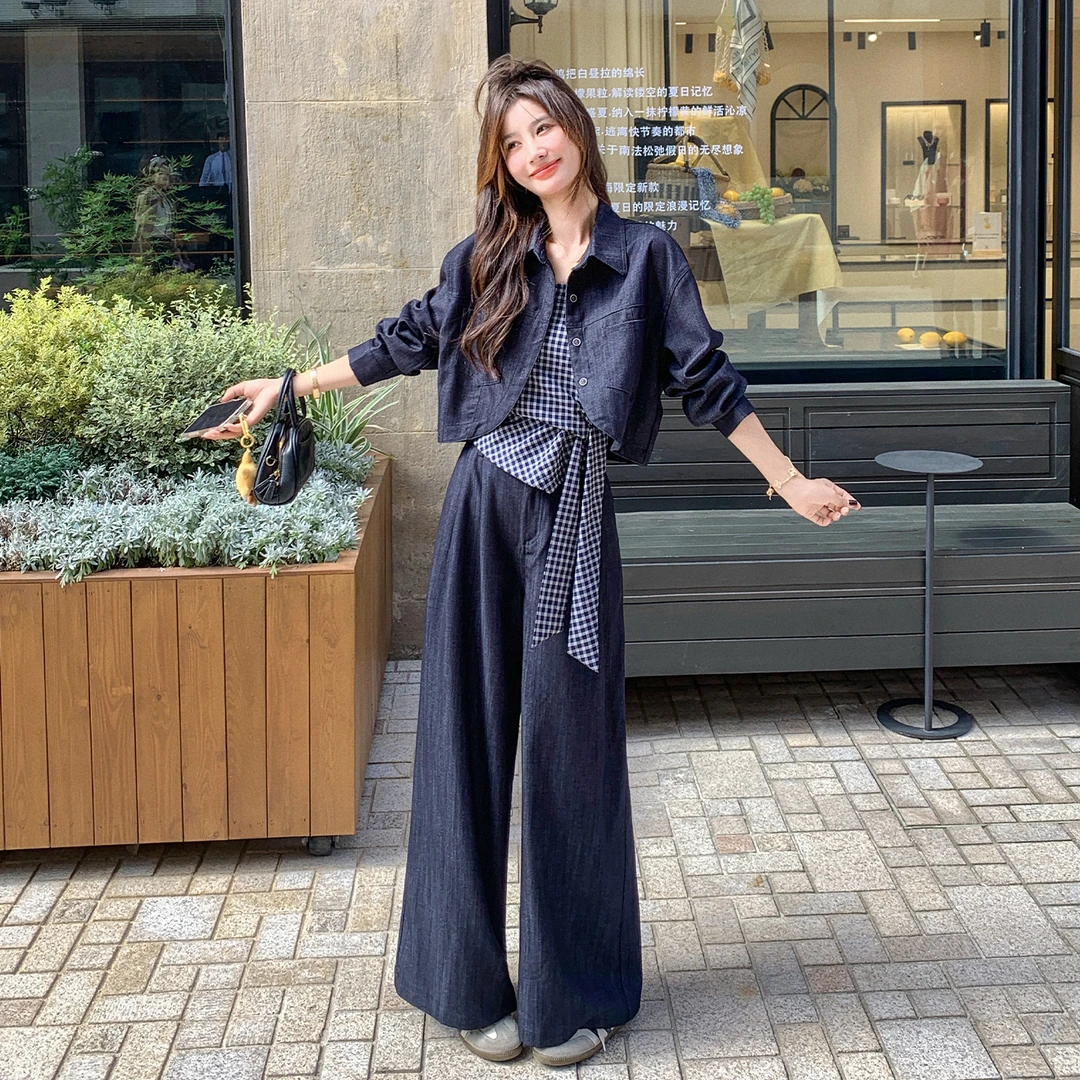 盐系设计感牛仔衬衫三件套女2025秋新款复古抹胸吊带阔腿裤三件套