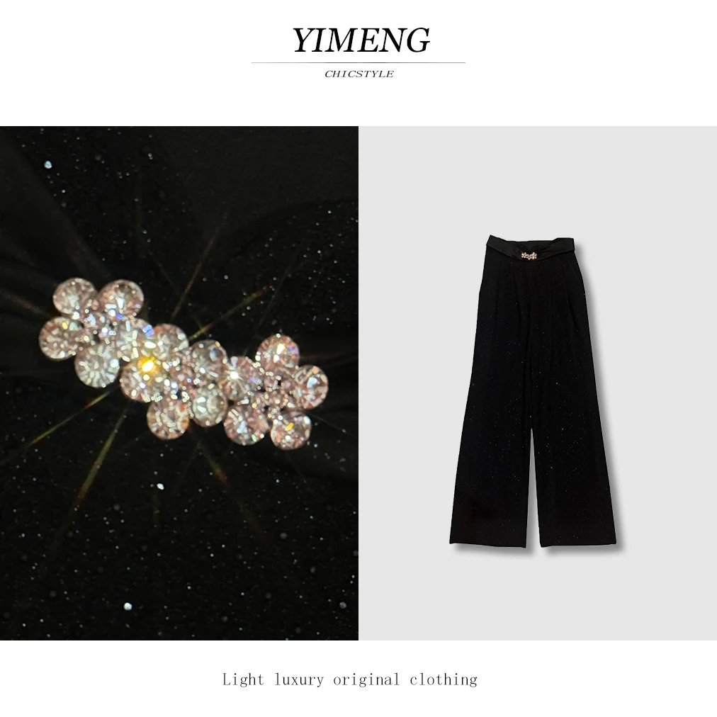 YIMENG/逸梦【晶光闪耀】魔力黑重工钉珠亮钻高腰气质百搭休闲裤