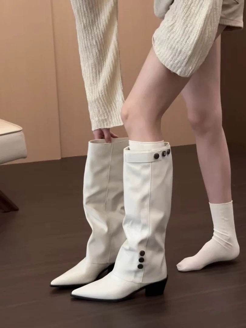 牛皮版~尖头高筒裤管靴铆钉粗跟长靴女复古气质辣妹不过膝骑士靴
