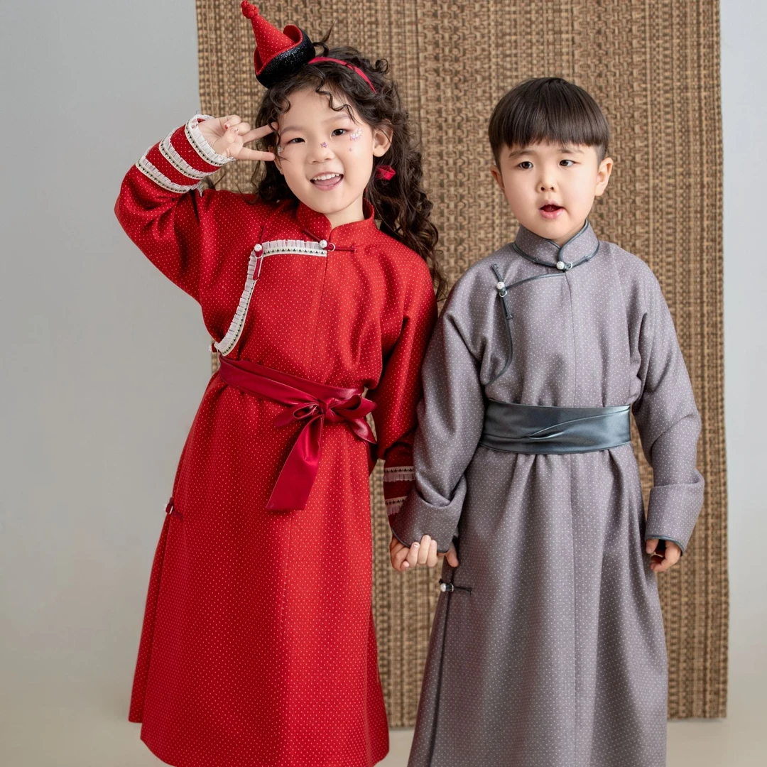 【乌日晗】民族风时尚波点小袍子儿童蒙古袍儿童蒙古袍男宝宝冬季