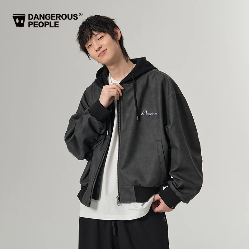 Dangerouspeople薛之谦dsp做旧复古假两件PU夹克秋季宽松连帽外套