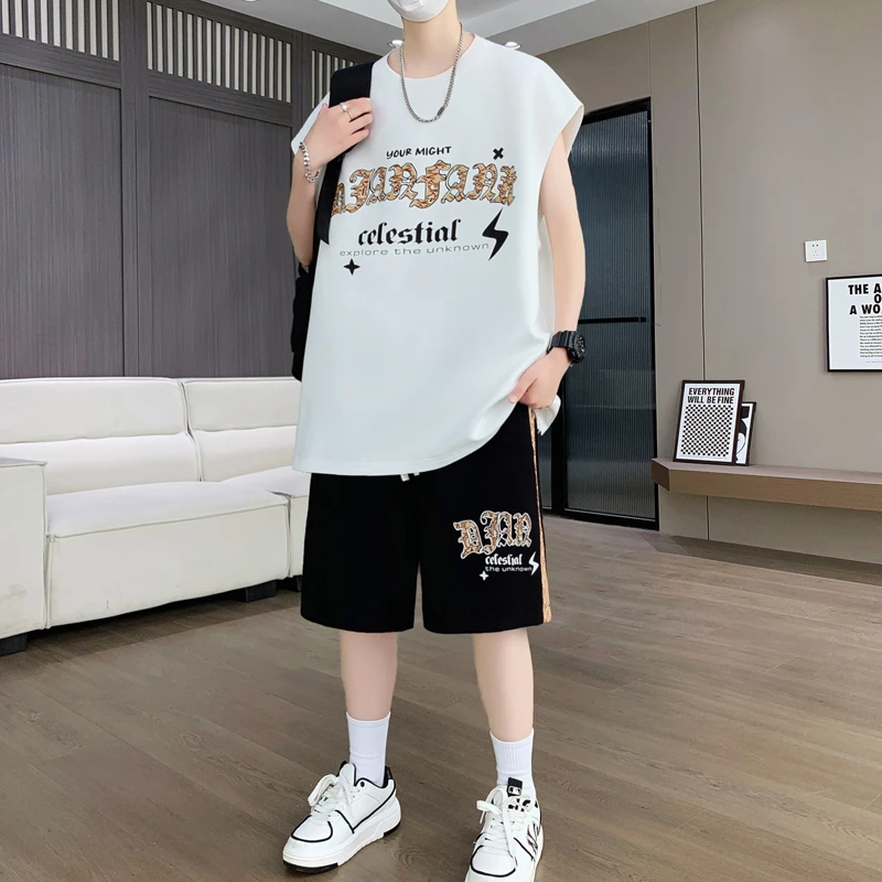 夏季新款青少年休闲运动套装帅气宽松背心夏天无袖薄款两件套潮流