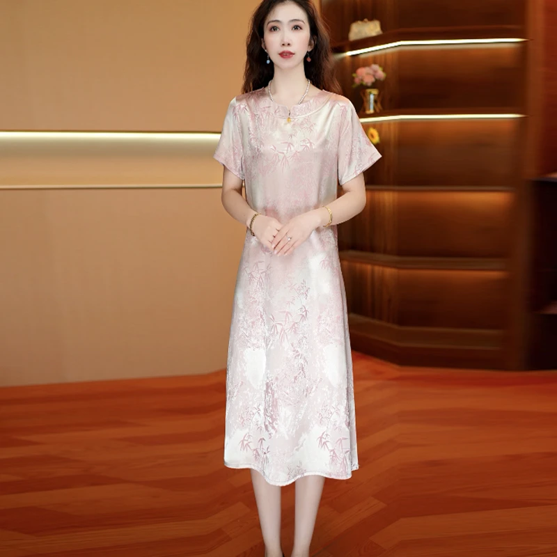 柔粉竹情 气质中长款秋季时连衣裙百搭遮肉裙子