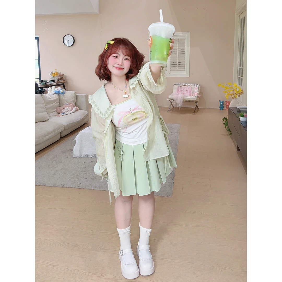 【青苍现货】【仙仙青提】大码甜妹夏胖mm防晒开衫苹果吊带百褶裙套装