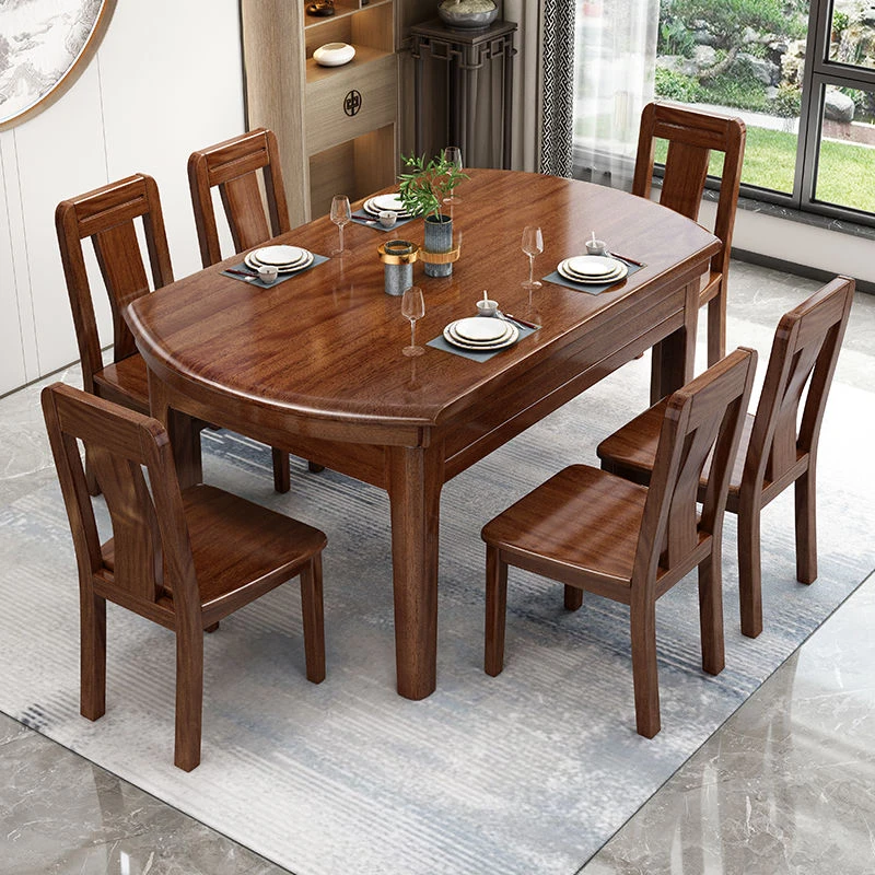 家用轻奢新款胡桃木餐桌家用小户型吃饭桌子实木伸缩折叠饭桌中式