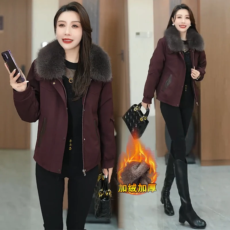 时尚加绒加厚短外套女2025冬季新款洋气显瘦大毛领保暖派克服棉袄