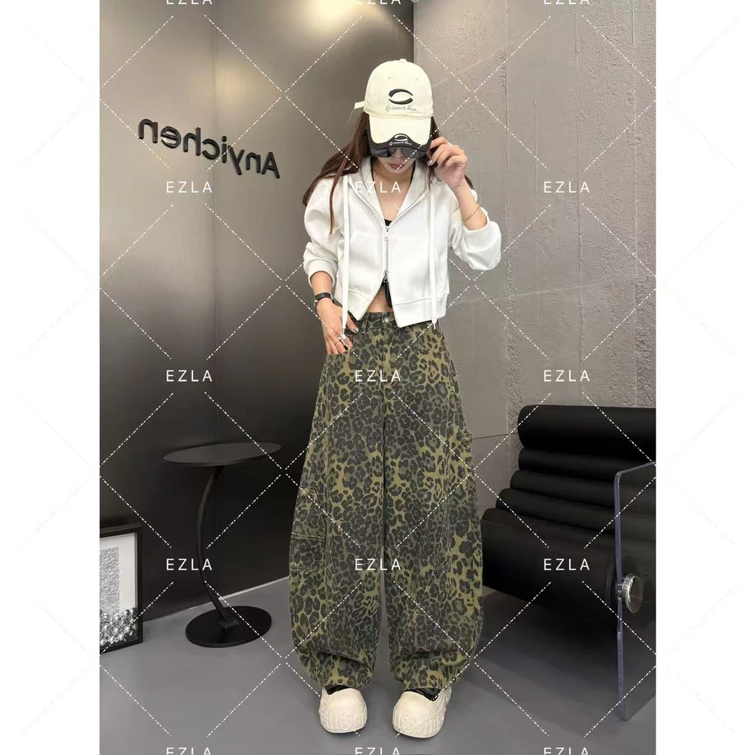 EZ9655秋季新款2025豹纹工装休闲时髦洋气百搭显瘦阔腿美式弯刀裤