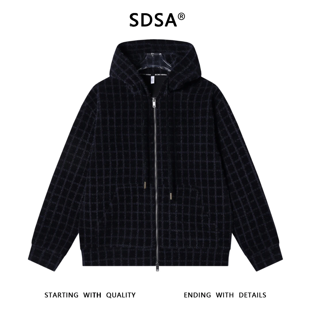 SDSA男士秋冬新款痞帅男装极简风撞色格子拉链开衫抽绳连帽卫衣潮