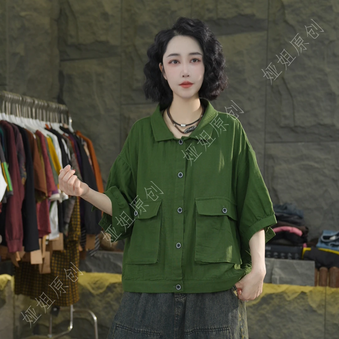 L31 春夏季短袖T恤女翻领宽松休闲简约显瘦百搭气质棉麻风透气