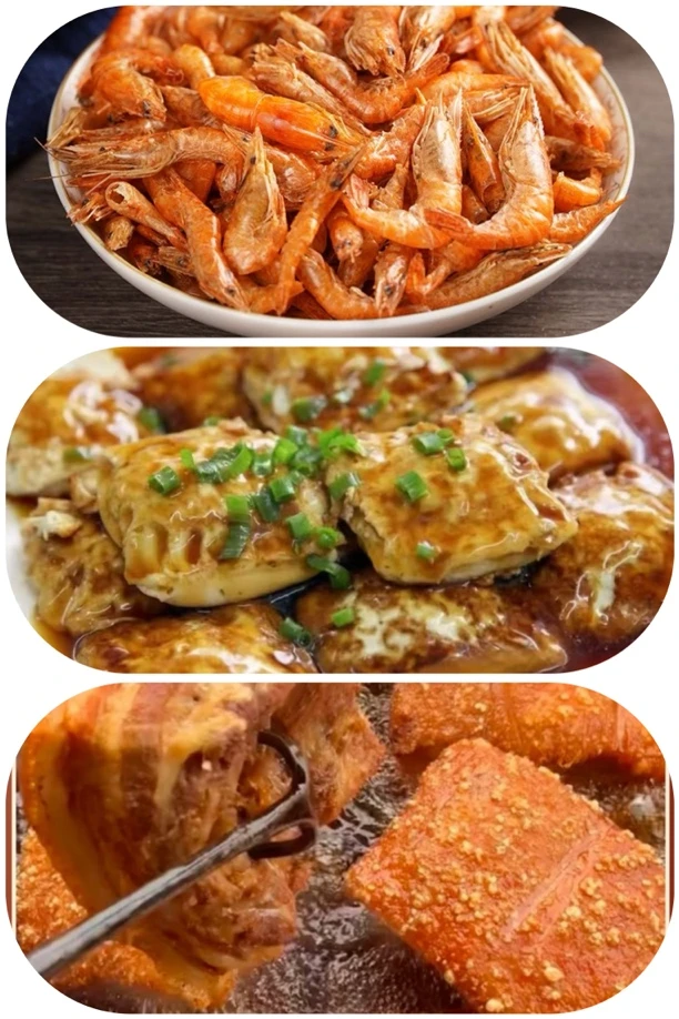 半成品扣肉1斤+炒熟中河虾1斤+现煎豆腐酿1份