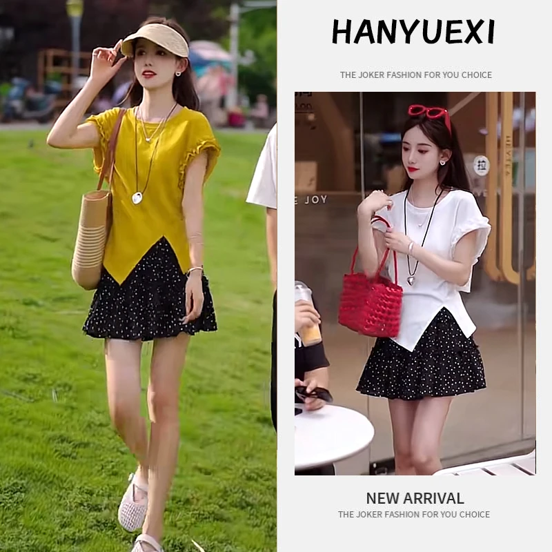 夏季时尚一整套女装2025新款爆款绑带开叉镂空短袖碎花短裙两件套