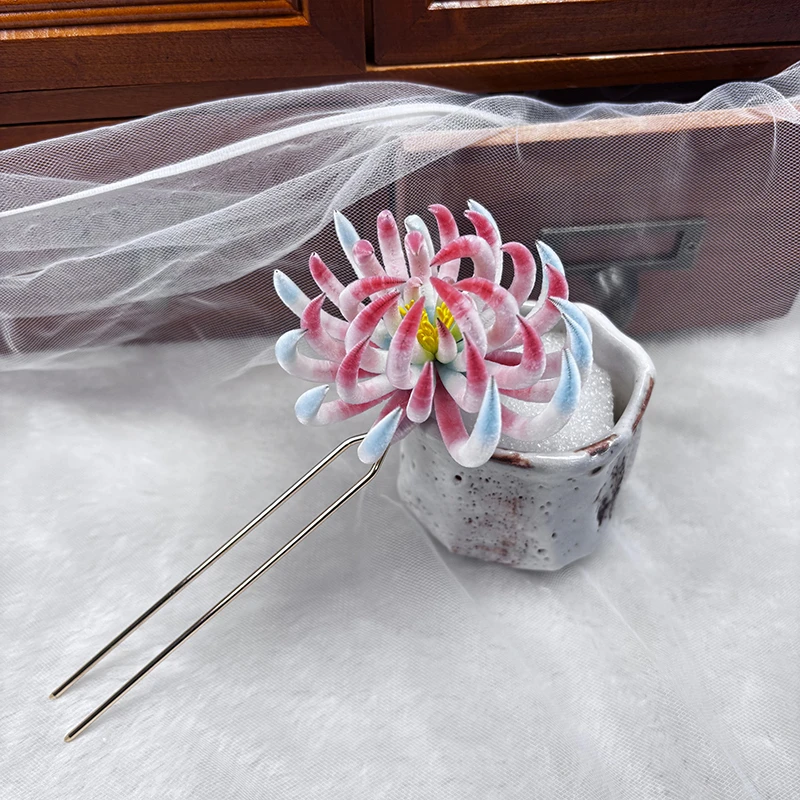 非遗手作绒花国风新中式粉蓝渐变菊花发簪发钗古风汉服配饰