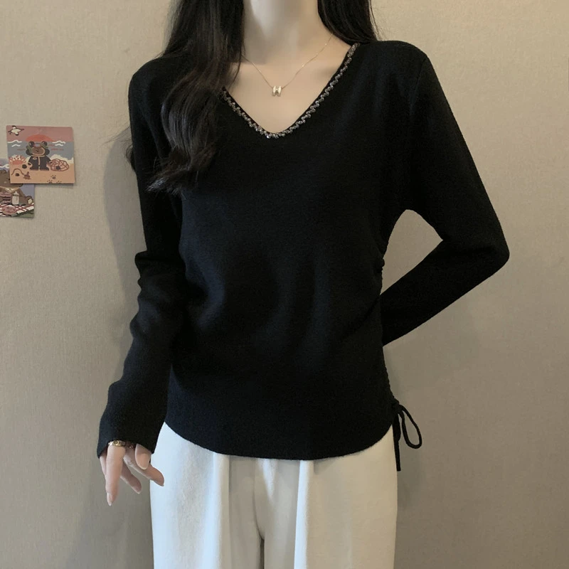 大码女装遮肚子抽绳V领针织打底衫女春秋胖妹妹洋气显瘦百搭毛衣