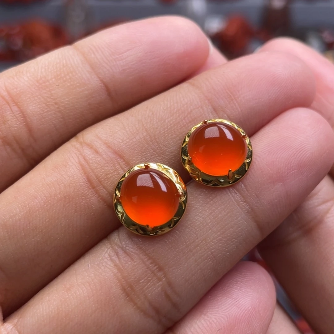 南红玛瑙银S925镶嵌珠宝奇石耳钉