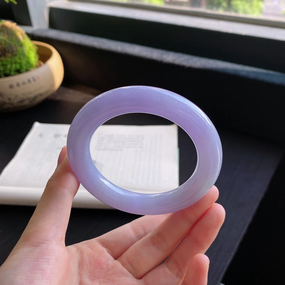 好色珠宝  圈口55缅甸老坑A货细糯种紫罗兰圆条女款翡翠手镯