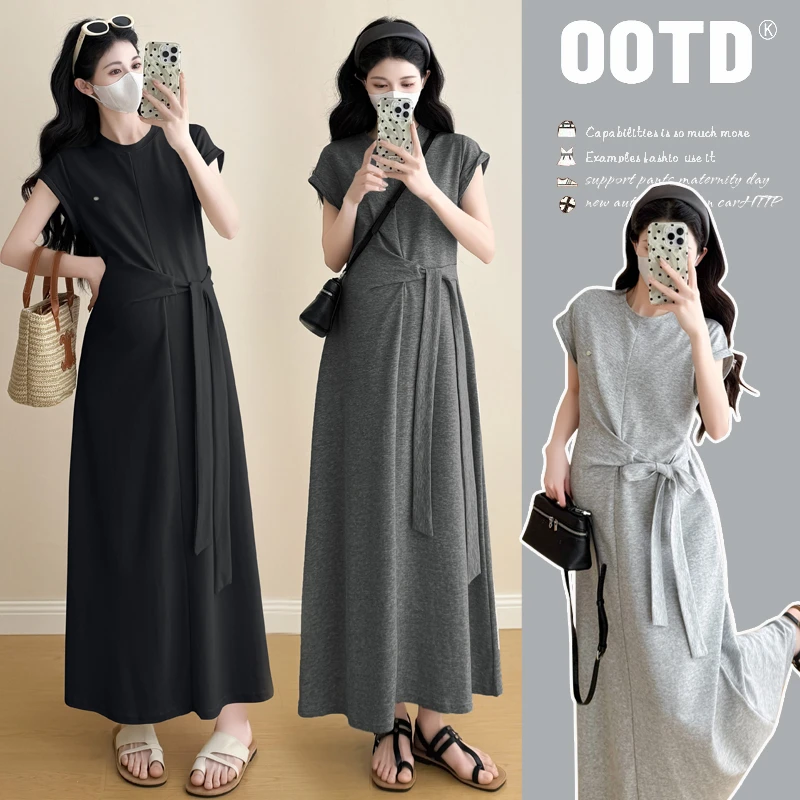 夏季新款韩版时尚宽松中长款系带孕妇显瘦连衣裙