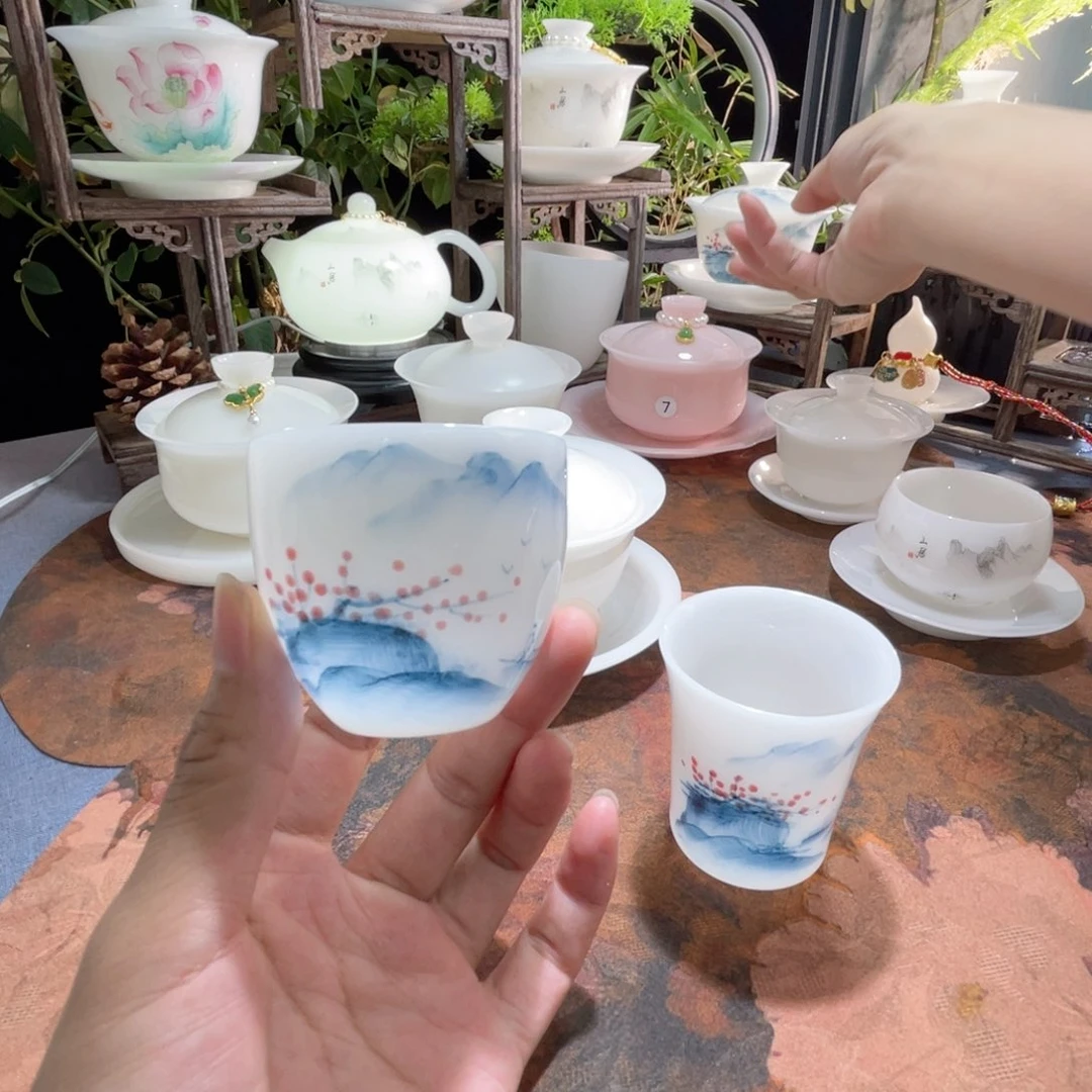 璞玉手绘红蓝山水龙蛋杯60ml