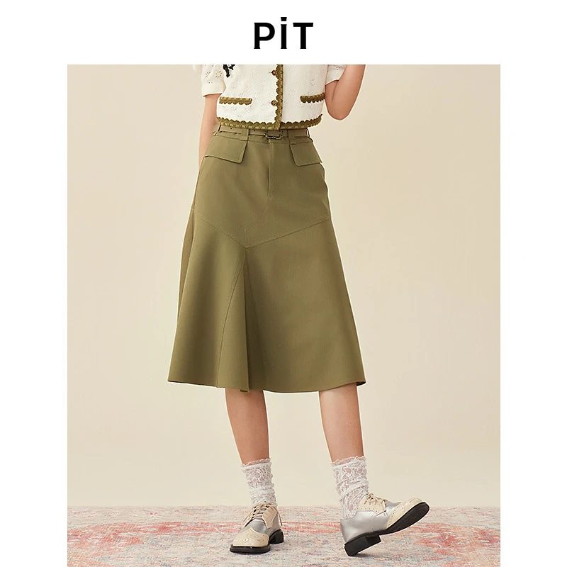 【黄蓉推荐】pit复古绿色A字伞裙半身裙女