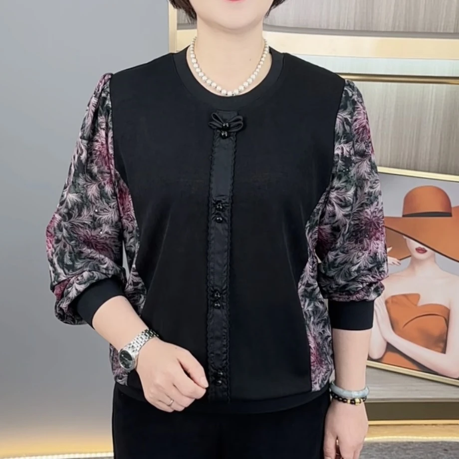 早秋新款时尚圆领碎花拼接气质妈妈装宽松休闲减龄长袖上衣H608